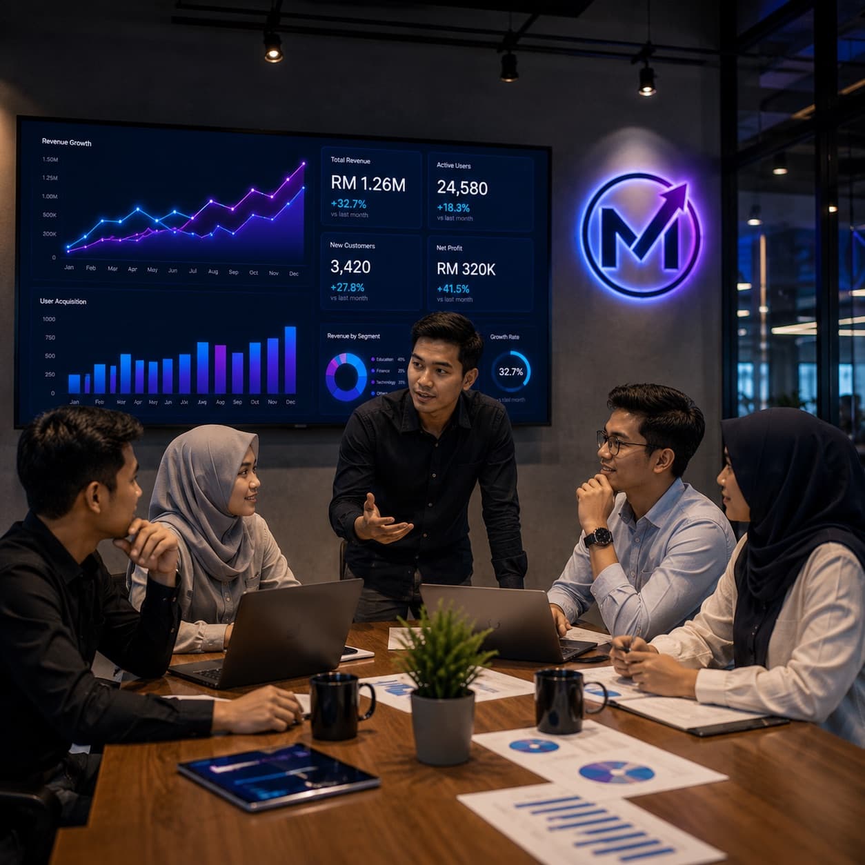 Pasukan pelajar Malaysia berbincang dalam mesyuarat dengan dashboard pertumbuhan dan logo MavWise