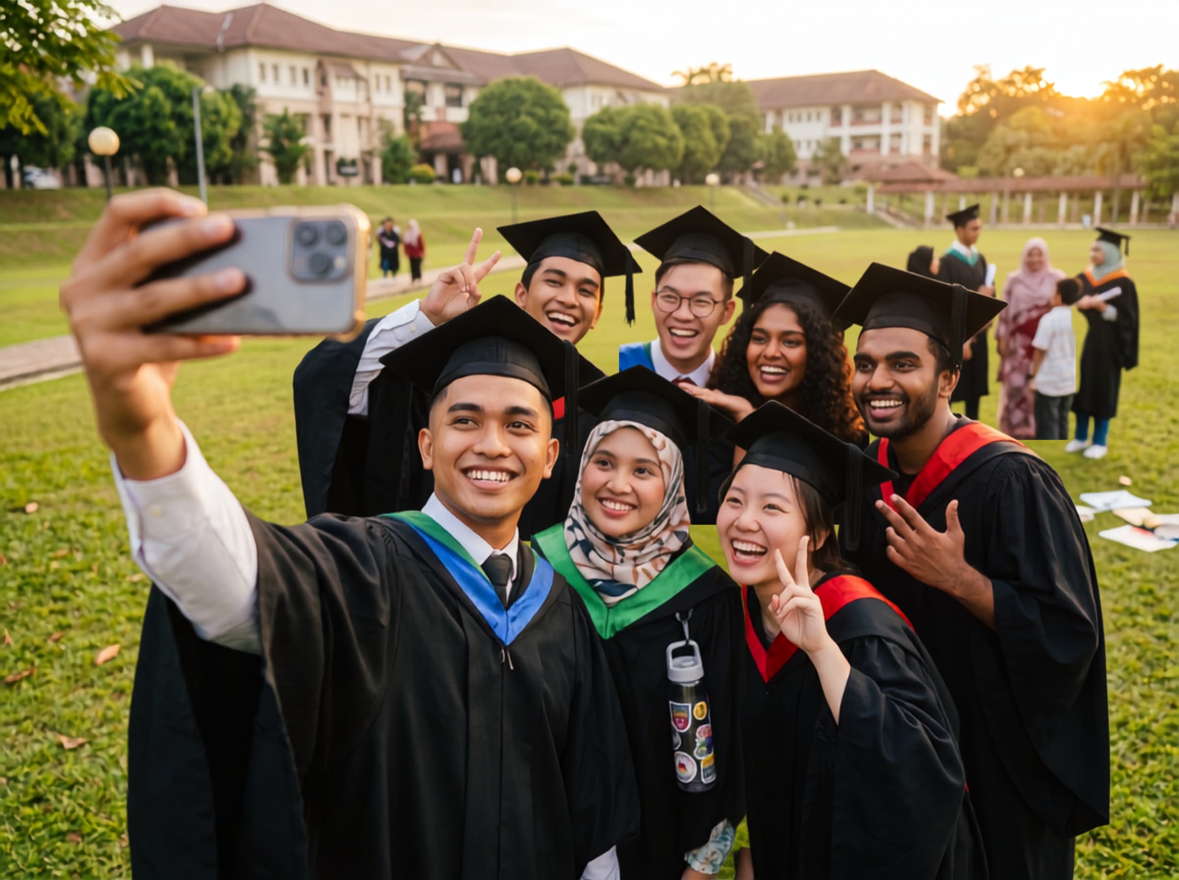 Pasukan pelajar Malaysia berbincang dalam mesyuarat dengan dashboard pertumbuhan dan logo MavWise